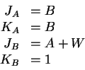 \begin{displaymath}\begin{array}{rl}
J_A & = B \\
K_A & = B \\
J_B & = A + W \\
K_B & = 1
\end{array}\end{displaymath}