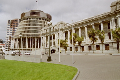 Executive building (“The Beehive”) and Parliament, Wellington, New Zealand—8 November 2004