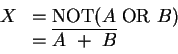 \begin{displaymath}\begin{array}{rl}
X & = {\rm NOT} (A \ \mbox{{\rm OR}} \ B) \\
& = \overline{A \ + \ B} \\
\end{array}\end{displaymath}