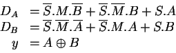\begin{displaymath}\begin{array}{rl}
D_A & = \overline{S} . M . \overline{B}
+ \...
...+ \overline{S} . M . A
+ S . B \\
y & = A \oplus B
\end{array}\end{displaymath}